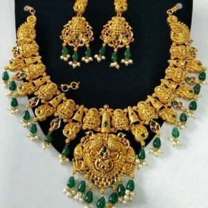 Temple Jewelry Necklace Set with green stones.