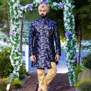 Blue Golden Indo Western with Golden Pants.