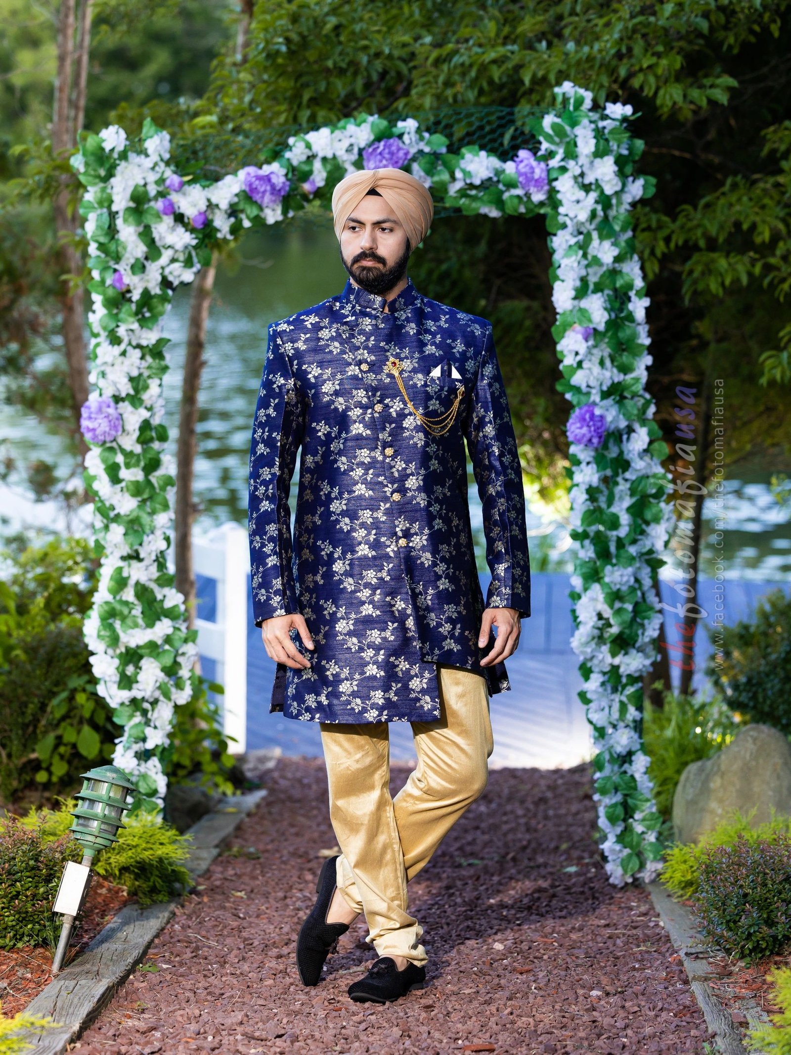 Blue Golden Indo Western with Golden Pants.