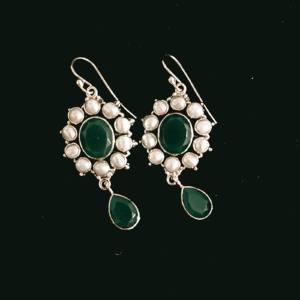 Silver Earrings featuring vibrant green stones and pearls