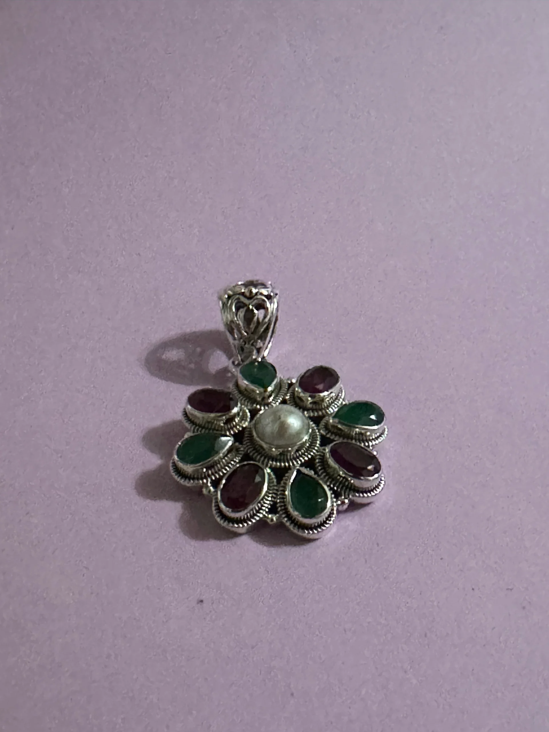 Flower Pendant with Red and Green Stones - Silver 92.5 - Image 3
